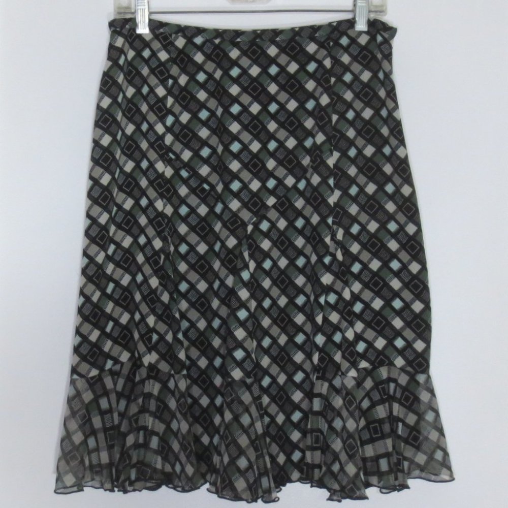 NEW Alfani Petites Skirt Deep Olive Black Cream Geometric 100% Silk Trumpet 10P